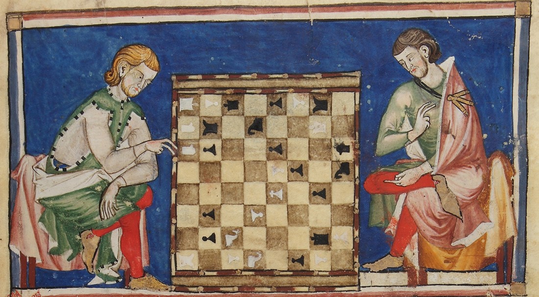 Medieval manuscript painting: two men sit on either side of a chessboard against a deep blue background, one reaching for a piece.